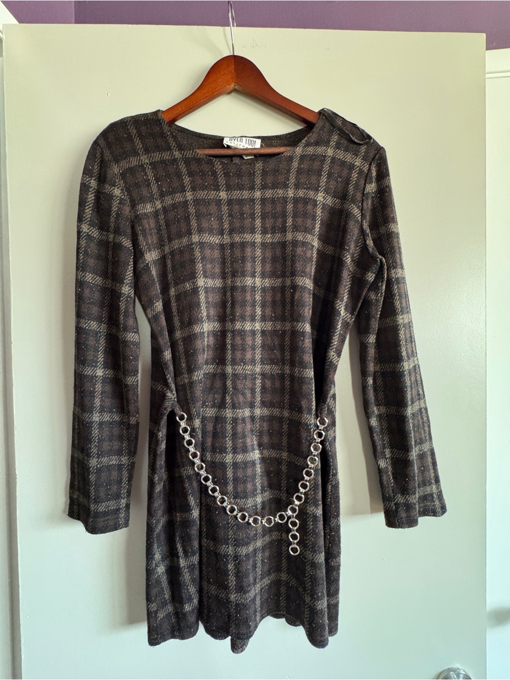 Vintage Plaid Long red Sleeve mini Dress with Chain Accent - Brown